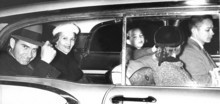 Jim Chenoweth ’50 (far right) chauffeurs future President Richard Nixon and his wife, Pat, on their trip to Alaska. PHOTO: COURTESY OF JIM CHENOWETH ’50
